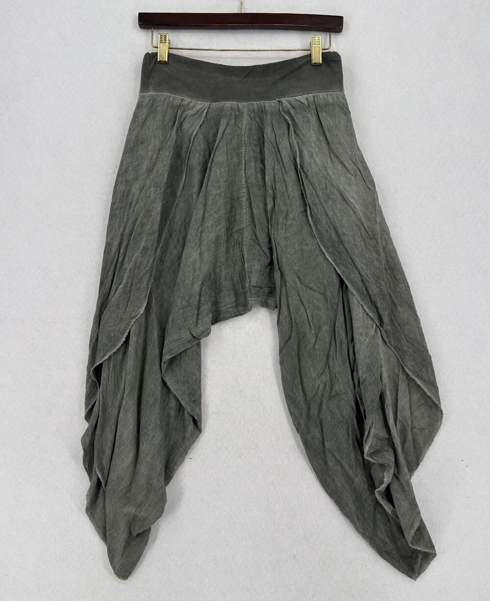 Made in Italy Lagenlook Green Acid Wash Asymmetric Draped Harem Pants